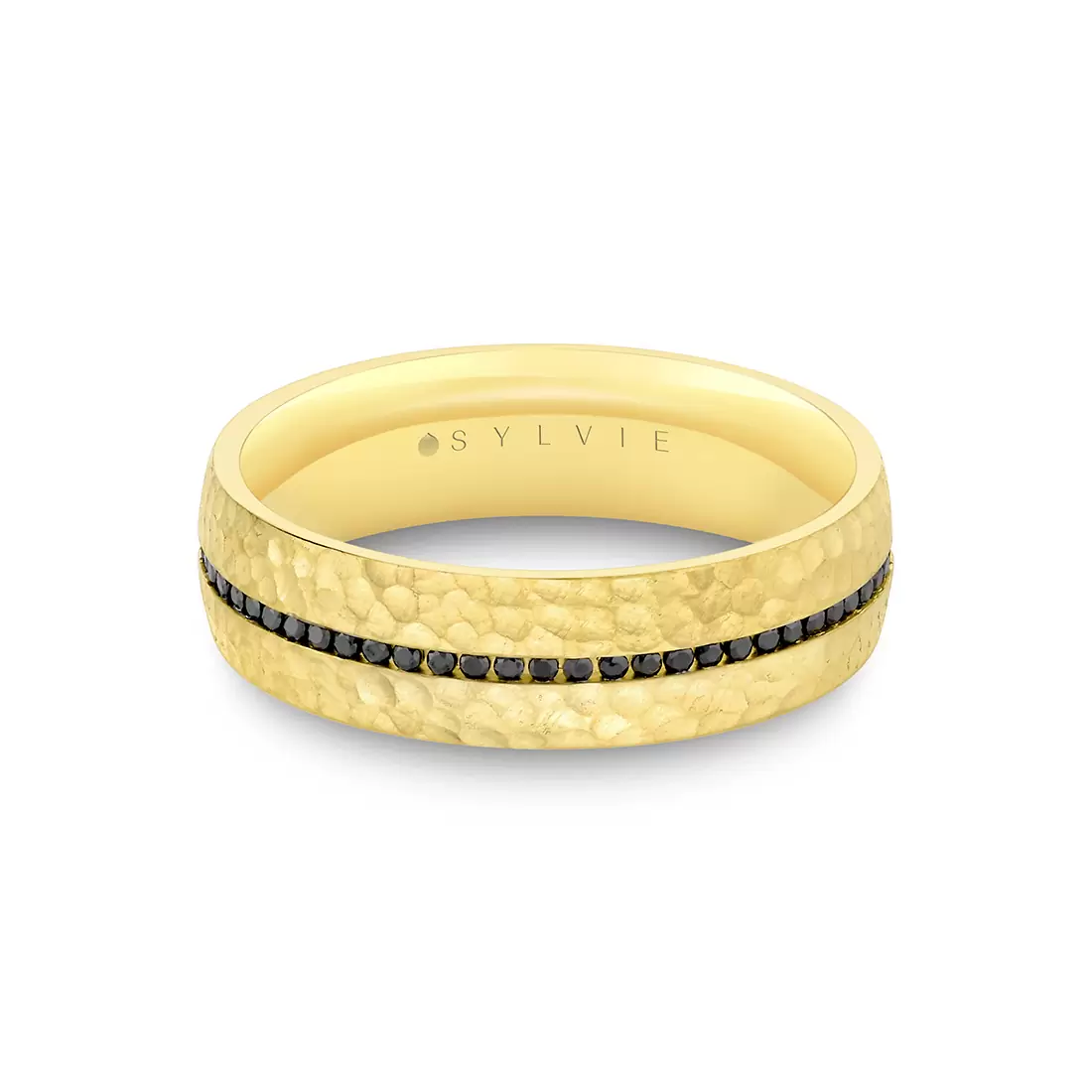 yellow gold hammered men's band with black diamonds