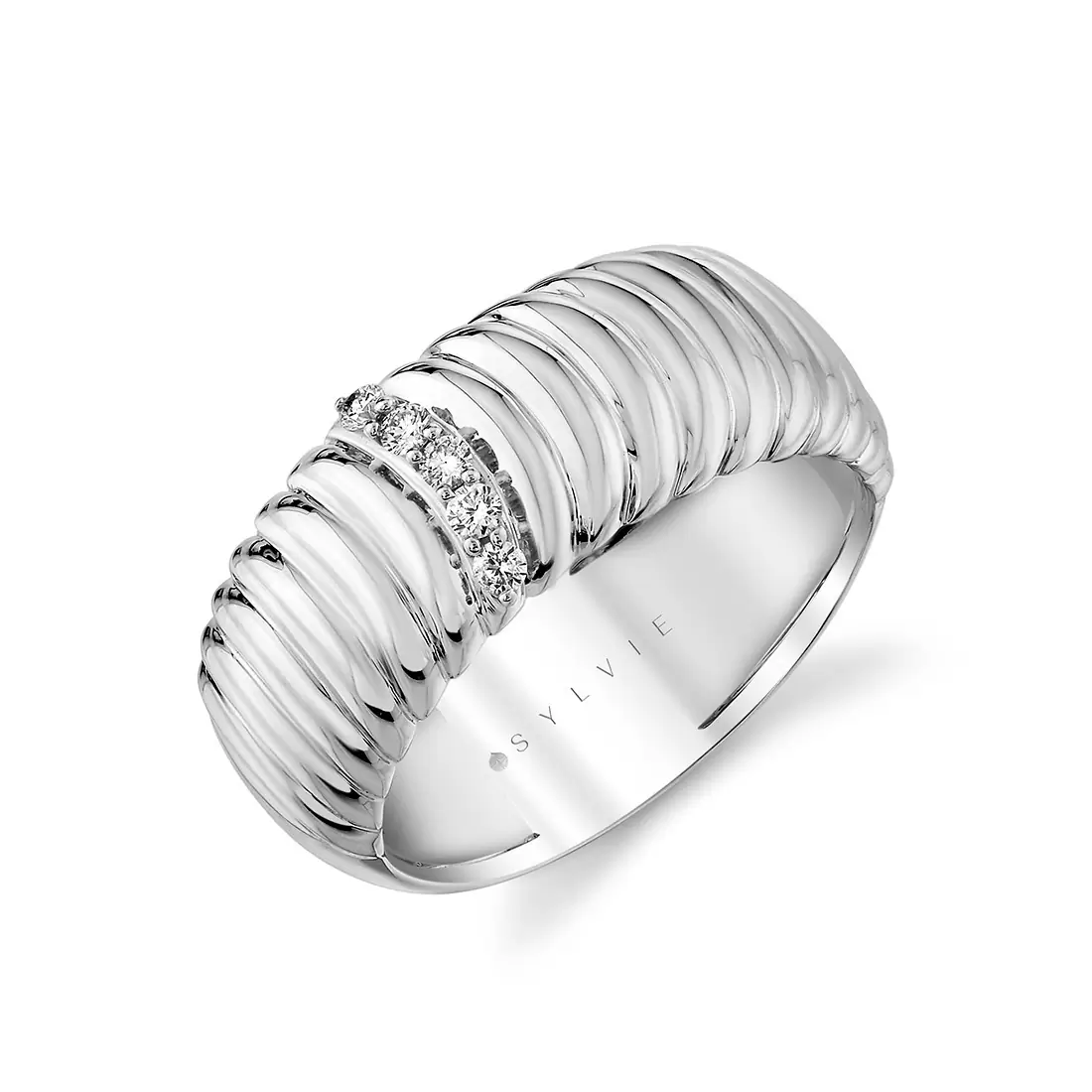 white gold ribbed diamond ring