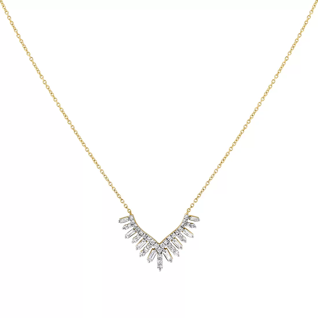 White Gold/Yellow Gold Éternelle Shell Tip Diamond Necklace with Alternating Round and Baguette Diamonds